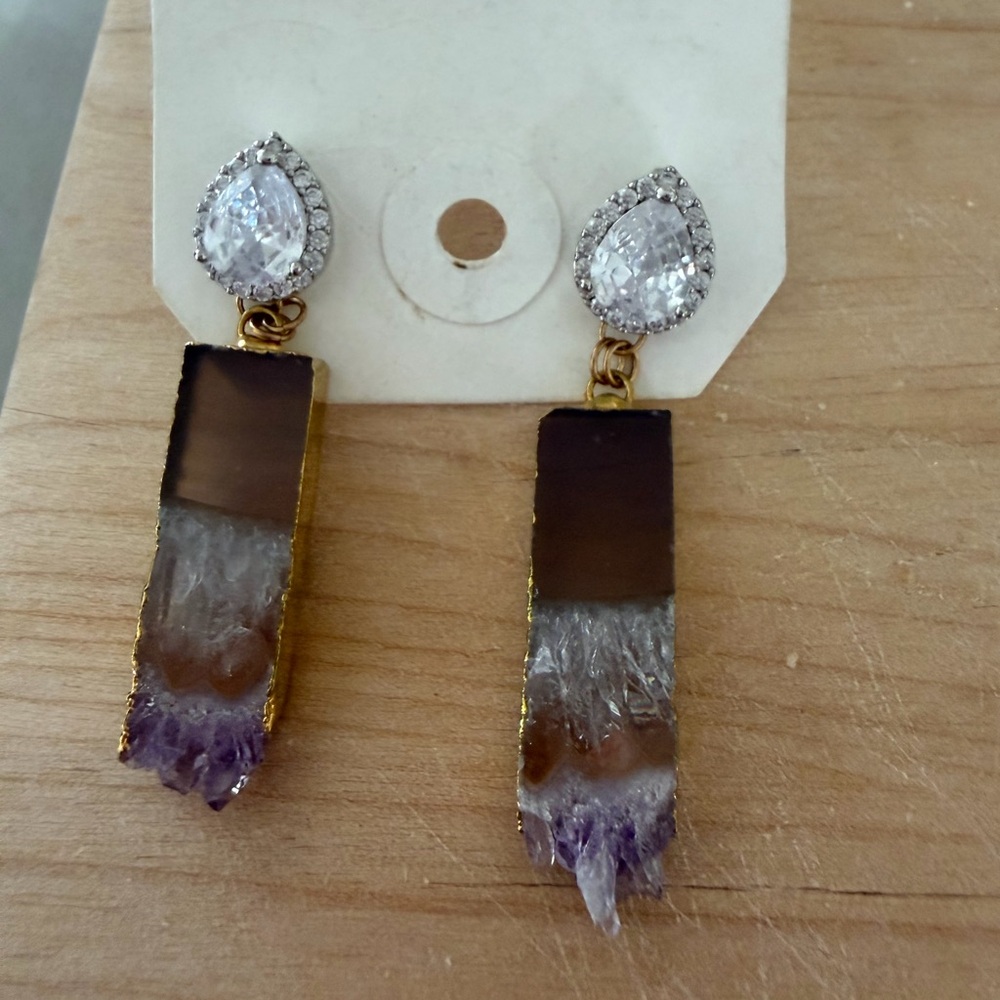 Teardrop Crystal and Amethyst Slice Dangle Earrings - Purple/Brown